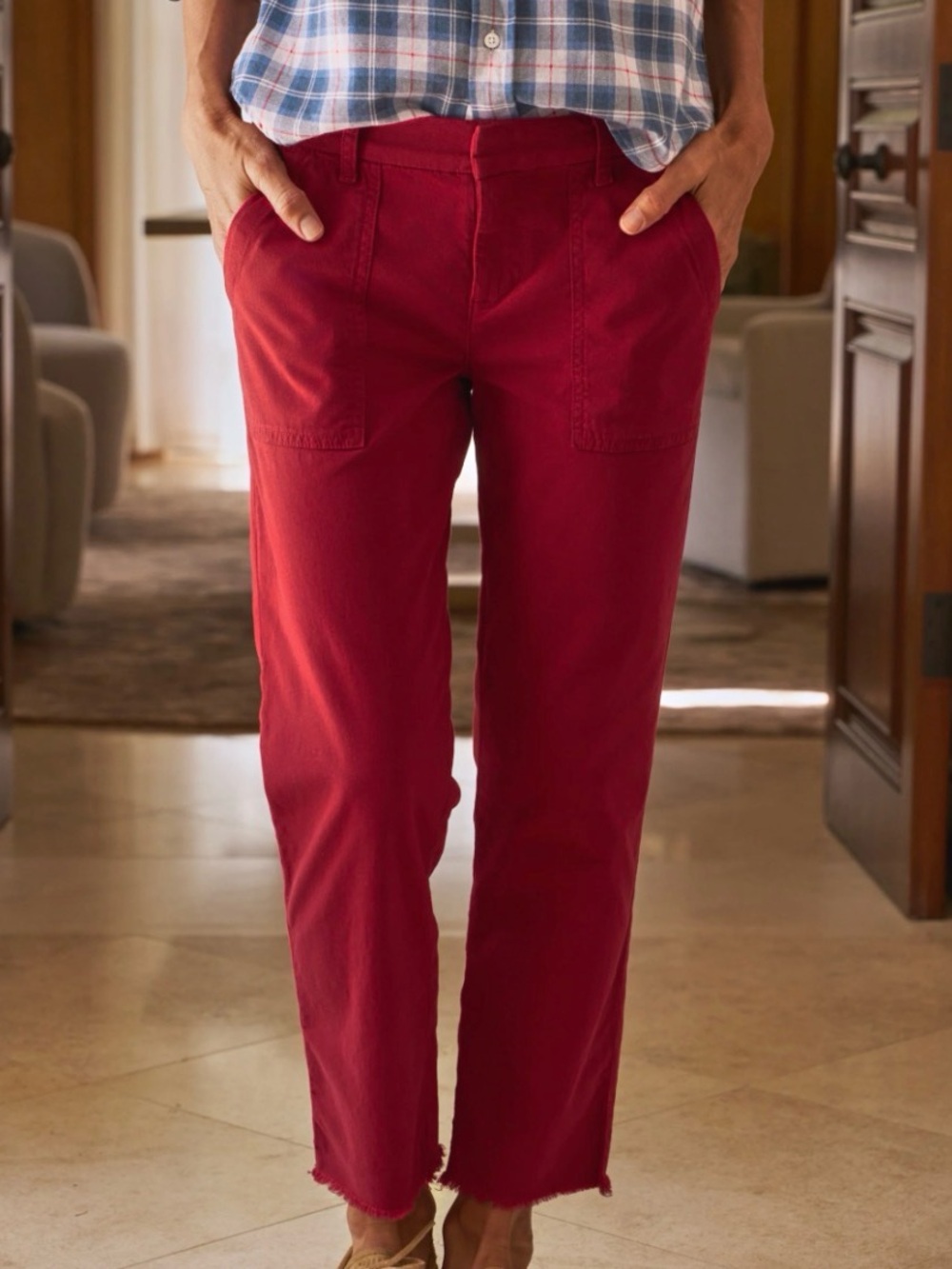 Frank & Eileen Casual Red Cotton Flax Blend Straight-Leg Pants Ankle Size 4